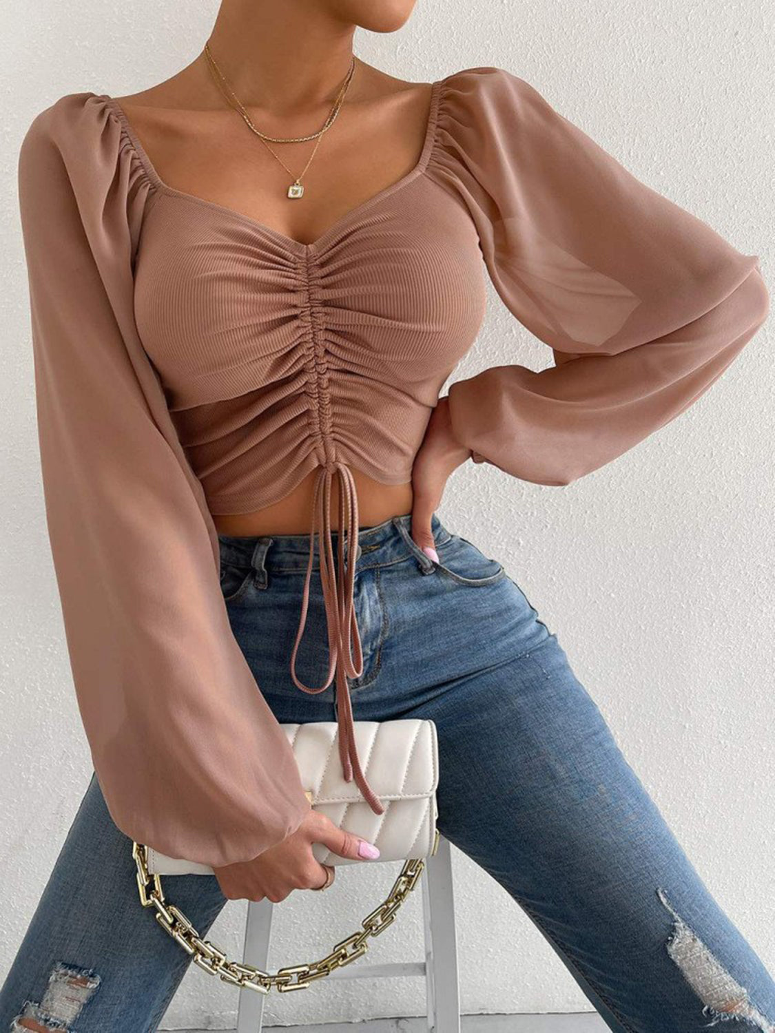 Drawstring Sweetheart Neck Cropped Top - Pahabu - Women's Clothing & Shop