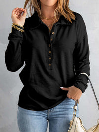 Collared Neck Half Button Top - Pahabu - Women's Clothing & Shop