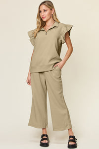 Double Take Texture Ruffle Short Sleeve Top and Drawstring Wide Leg Pants Set