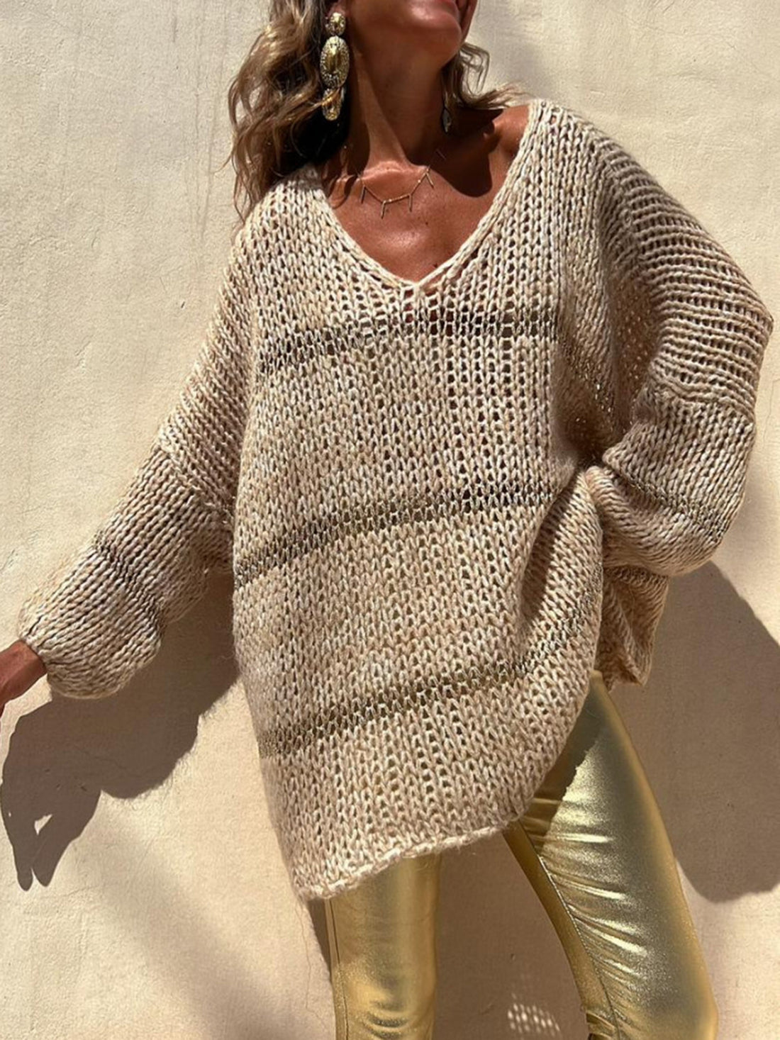 Openwork V-Neck Long Sleeve Sweater - Pahabu - Women's Clothing & Shop