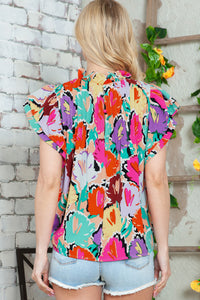 Multicolored Flutter Sleeve Mock Neck Blouse - Pahabu - Women's Clothing & Shop