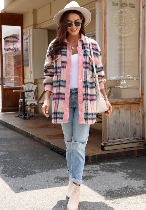 Fuzzy Plaid Corduroy Patchwork Shacket - Pahabu - Women's Clothing & Shop