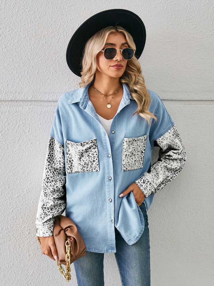 Leopard Button Up Denim Jacket - Pahabu - Women's Clothing & Shop