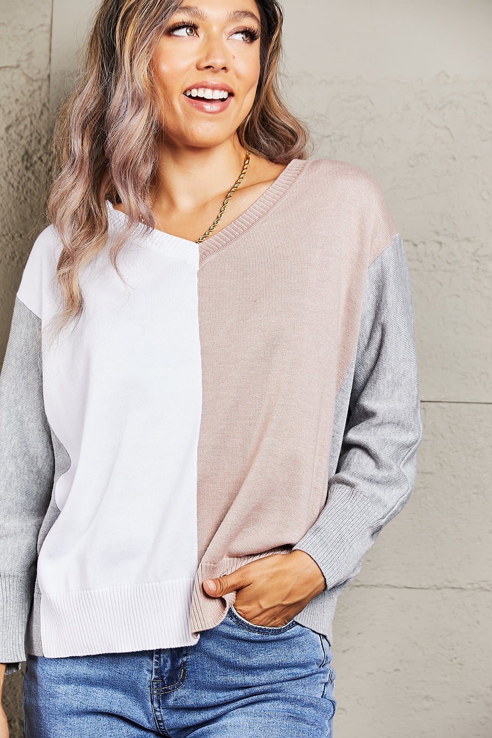 Color Block V-Neck Ribbed Trim Sweater - Pahabu - Women's Clothing & Shop