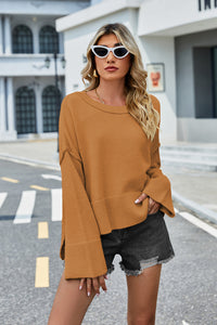 High-Low Slit Round Neck Long Sleeve Sweater - Pahabu - Women's Clothing & Shop