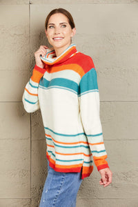 Woven Right Striped Turtleneck Drop Shoulder Sweater - Pahabu - Women's Clothing & Shop