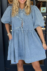 Bowknot Round Neck Half Sleeve Denim Dress - Pahabu - Women's Clothing & Shop