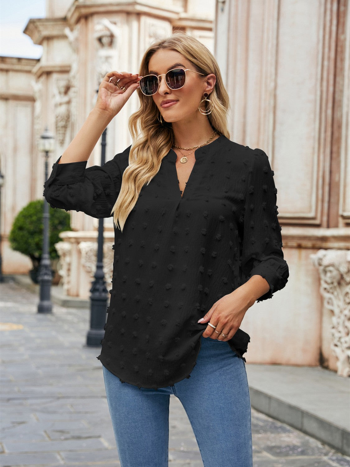 Swiss Dot Notched Neck Blouse - Pahabu - Women's Clothing & Shop