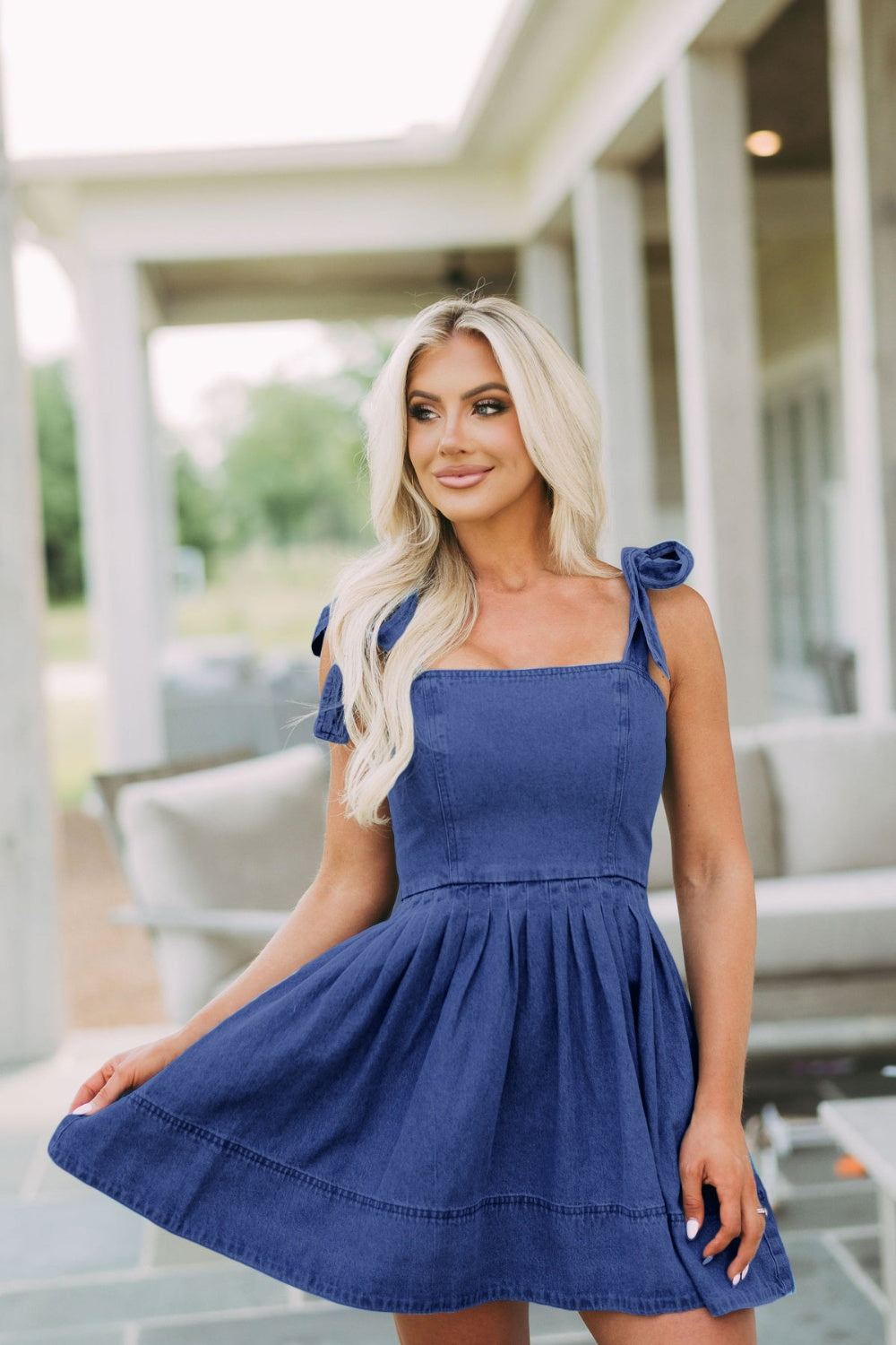Square Neck Tie Shoulder Denim Dress - Pahabu - Women's Clothing & Shop