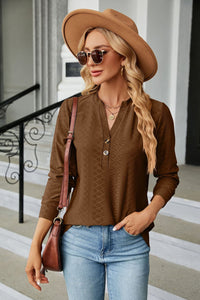 Notched Neck Long Sleeve Buttoned Blouse - Pahabu - Women's Clothing & Shop