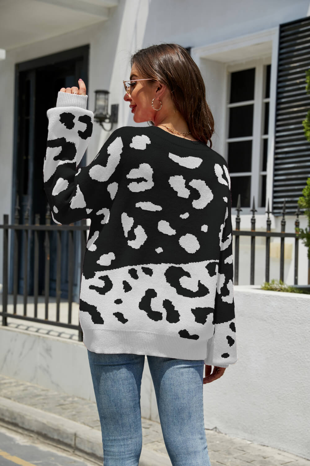 Woven Right Leopard Ribbed Trim Dropped Shoulder Sweater - Pahabu - Women's Clothing & Shop