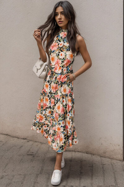 Printed Tiered Pocketed Mock Neck Midi Dress - Pahabu - Women's Clothing & Shop