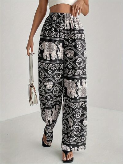 Printed Wide Leg Elastic Waist Pants - Pahabu - Women's Clothing & Shop