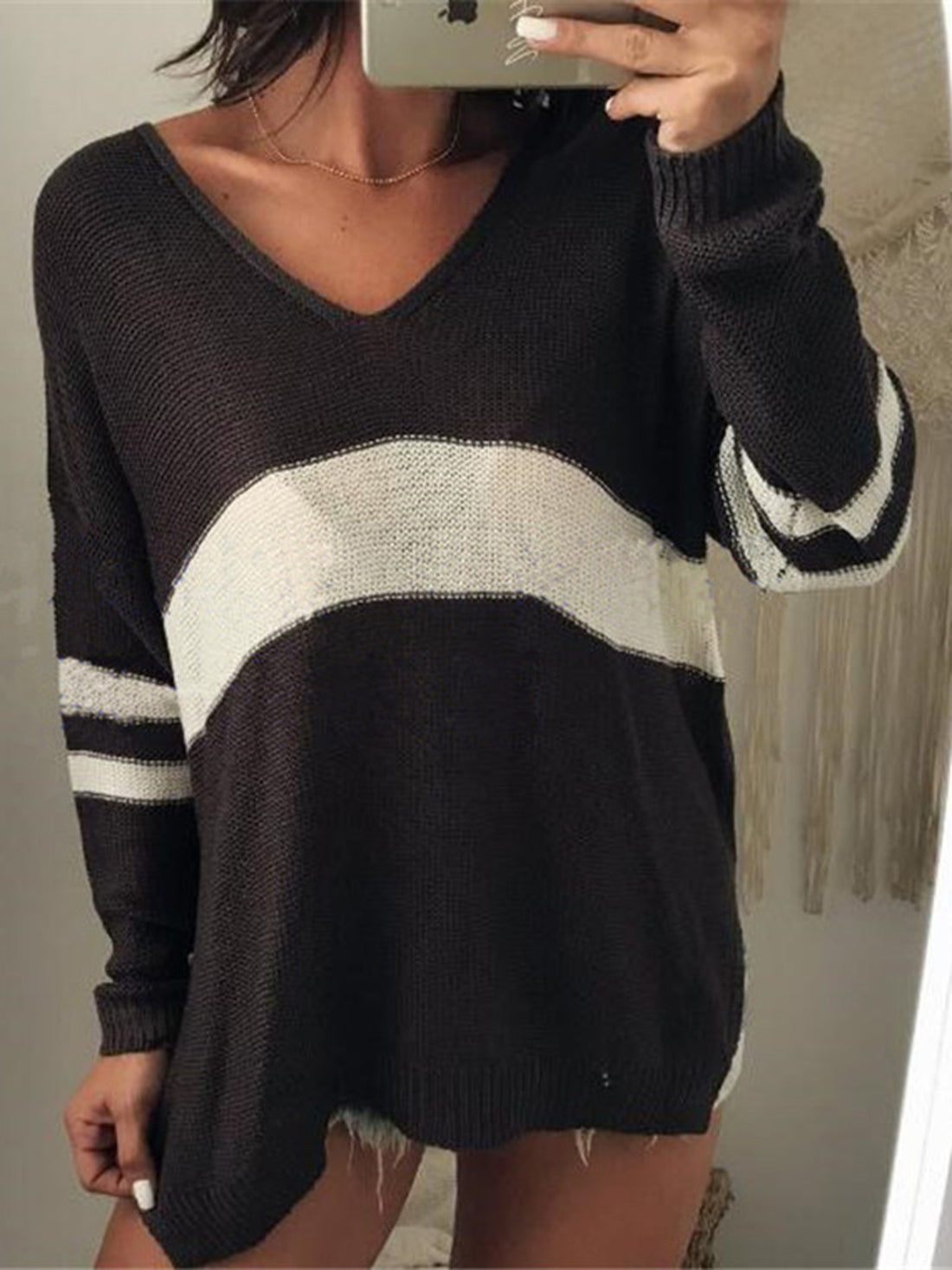 Striped V-Neck Long Sleeve Sweater - Pahabu - Women's Clothing & Shop