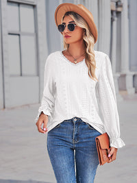 Eyelet V-Neck Flounce Sleeve Blouse - Pahabu - Women's Clothing & Shop