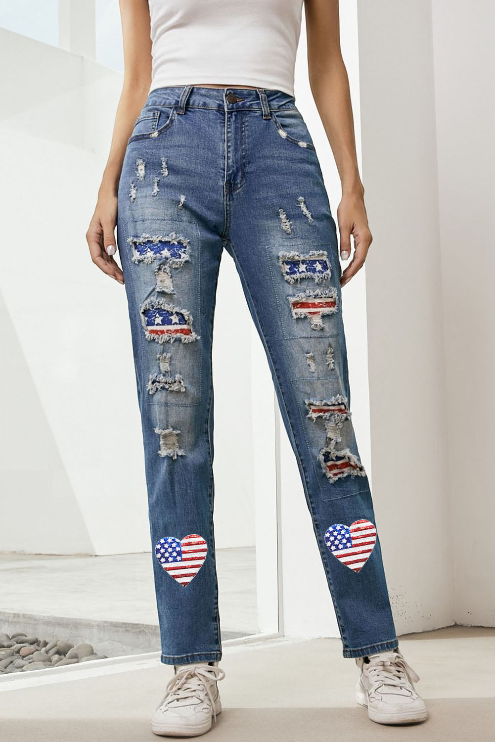 US Flag Distressed Straight Jeans - Pahabu - Women's Clothing & Shop