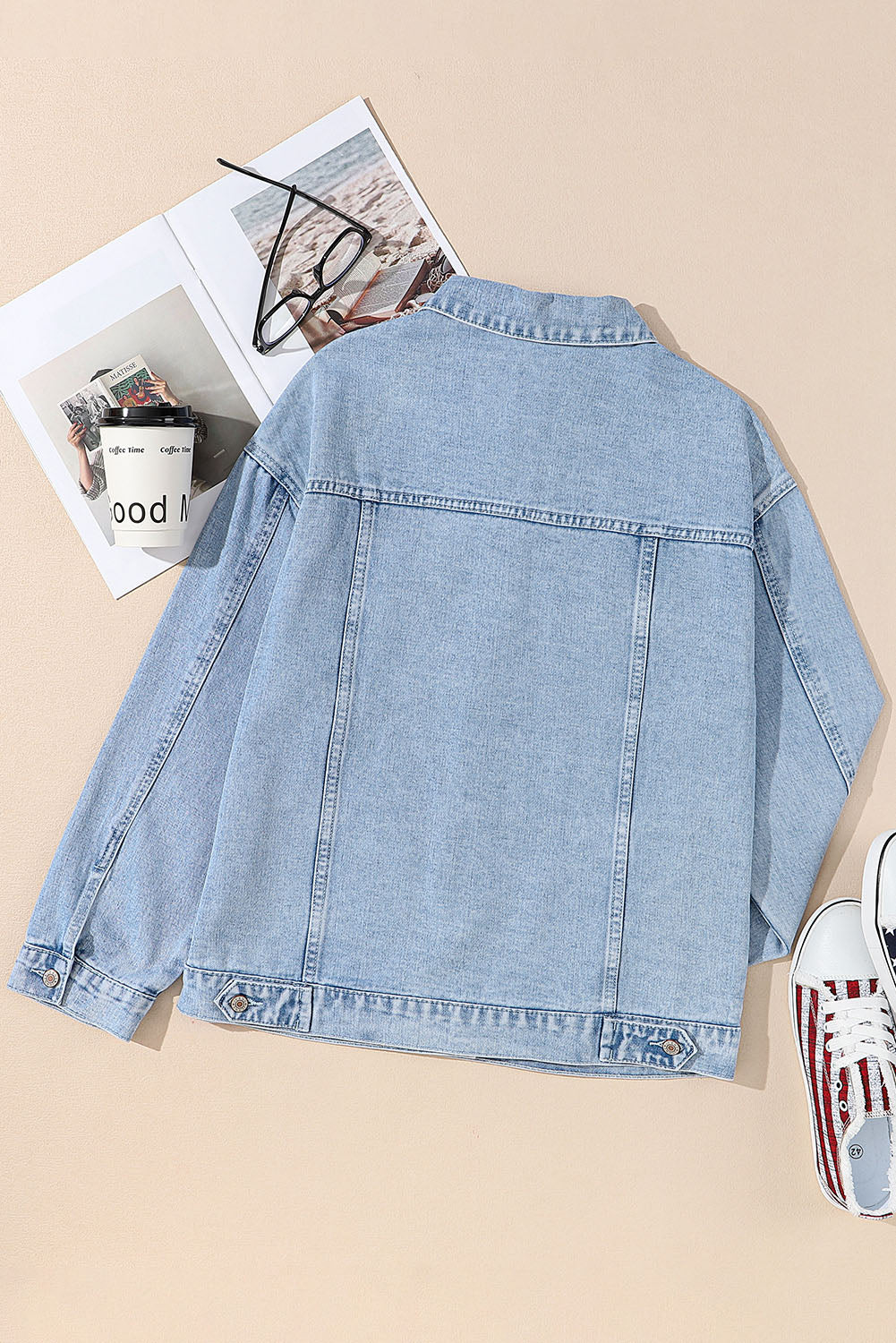 Pocketed Geometric Collared Neck Denim Jacket - Pahabu - Women's Clothing & Shop