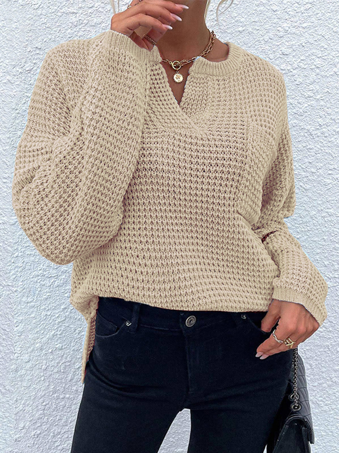 Notched Long Sleeve Sweater - Pahabu - Women's Clothing & Shop