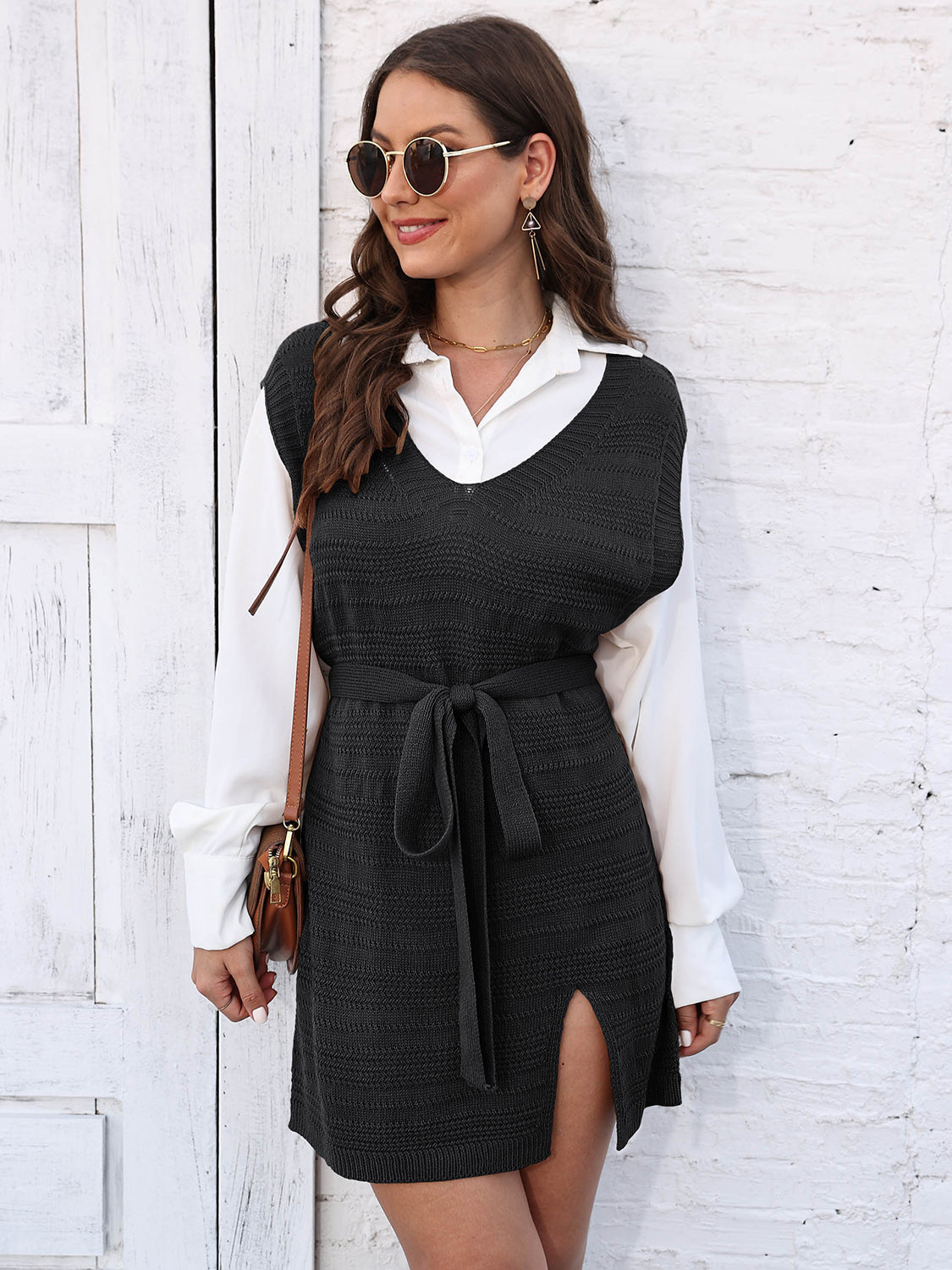 Tie Front V-Neck Sleeveless Slit Sweater Dress - Pahabu - Women's Clothing & Shop