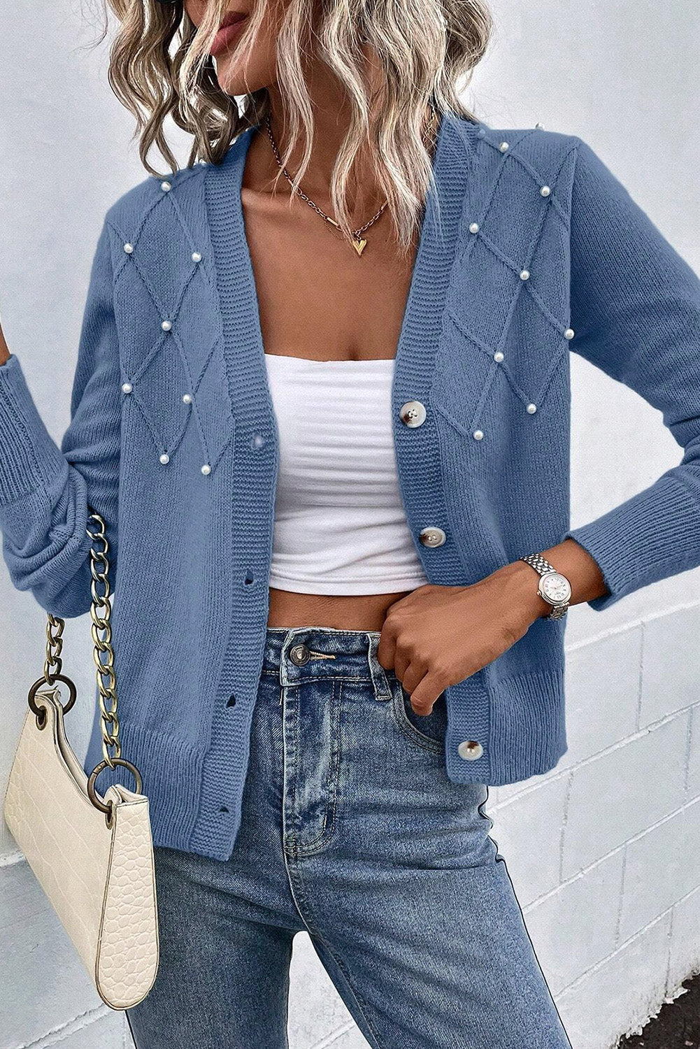 Beaded V-Neck Button Up Long Sleeve Cardigan - Pahabu - Women's Clothing & Shop