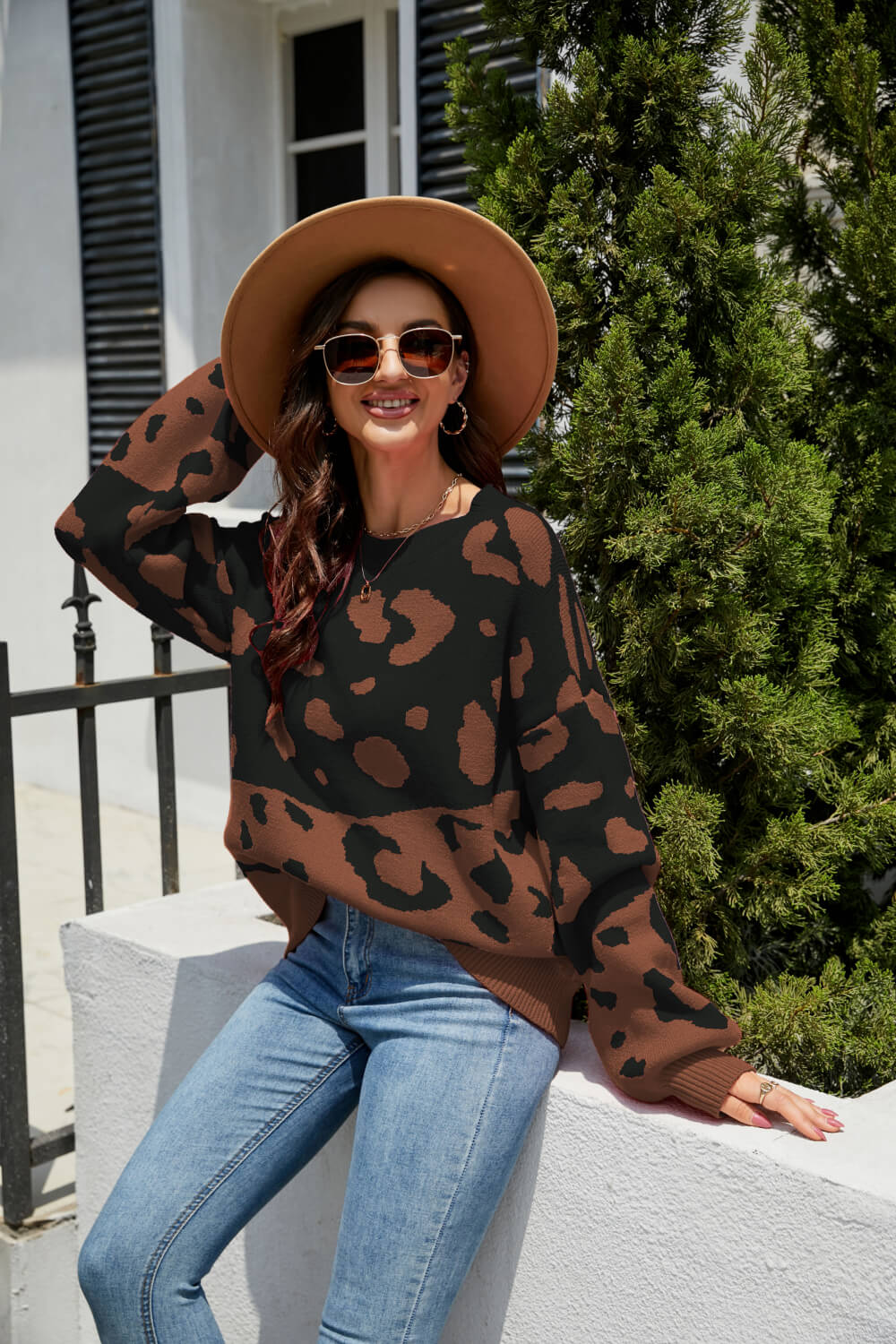 Woven Right Leopard Ribbed Trim Dropped Shoulder Sweater - Pahabu - Women's Clothing & Shop