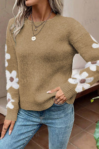 Flower Round Neck Long Sleeve Sweater - Pahabu - Women's Clothing & Shop
