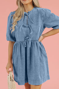 Bowknot Round Neck Half Sleeve Denim Dress - Pahabu - Women's Clothing & Shop