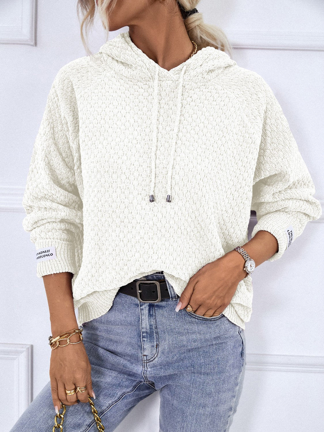 Texture Drawstring Long Sleeve Hooded Sweater - Pahabu - Women's Clothing & Shop