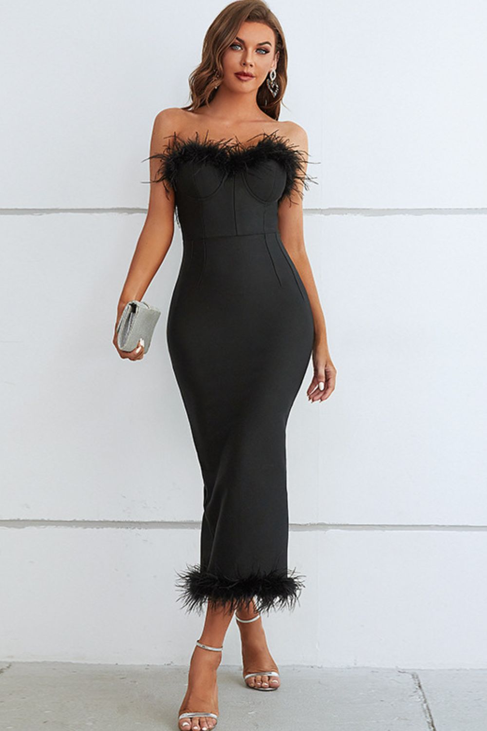 Feather Trim Strapless Sweetheart Neck Dress - Pahabu - Women's Clothing & Shop