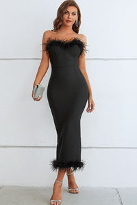 Feather Trim Strapless Sweetheart Neck Dress - Pahabu - Women's Clothing & Shop