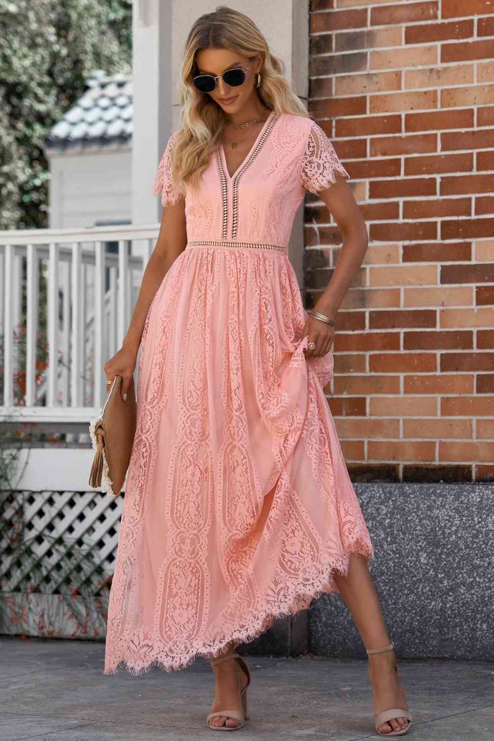 Scalloped Trim Lace Plunge Dress - Pahabu - Women's Clothing & Shop