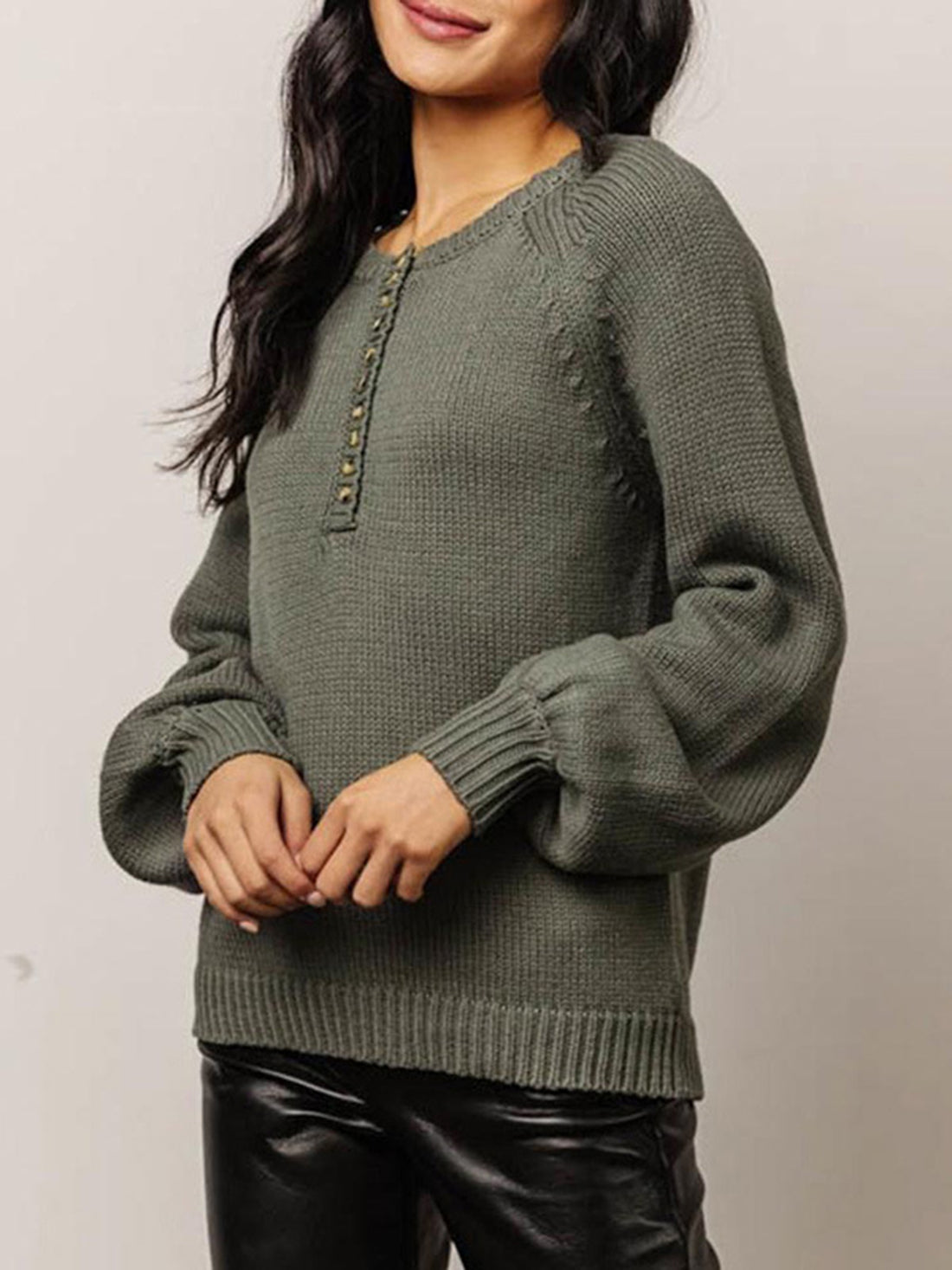 Buttoned Round Neck Long Sleeve Sweater - Pahabu - Women's Clothing & Shop