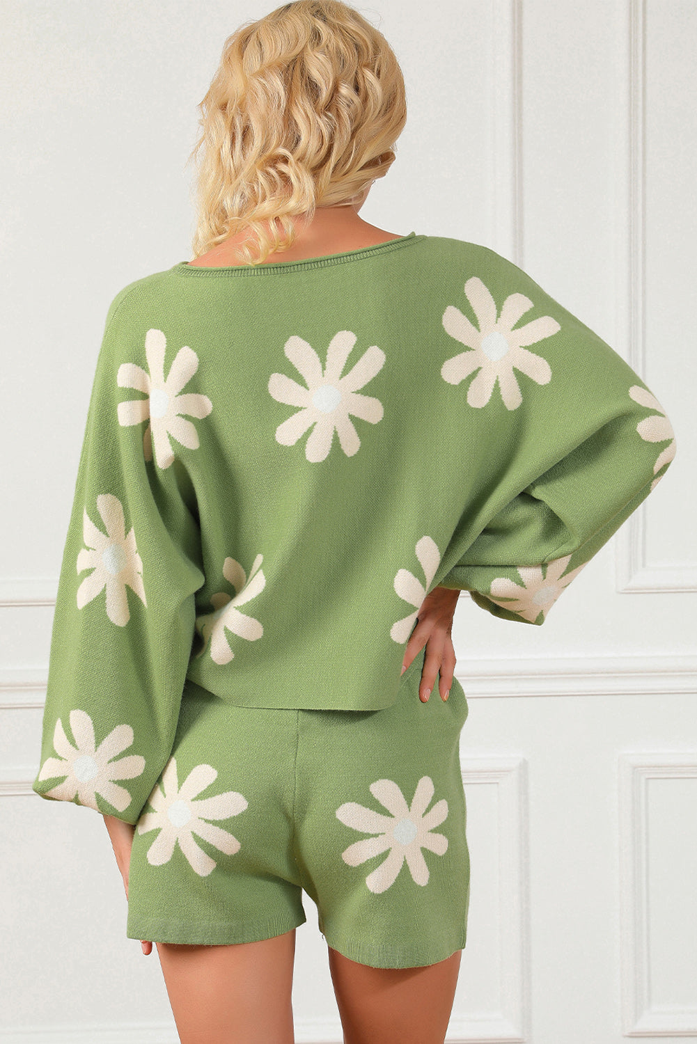 Flower Pattern Long Sleeve Sweater and Drawstring Shorts Set - Pahabu - Women's Clothing & Shop