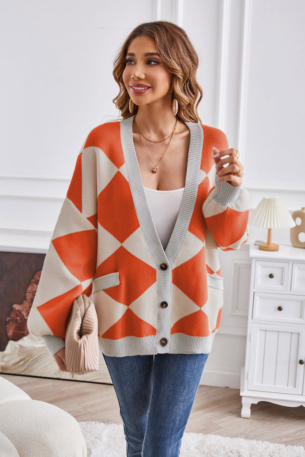 Geometric Lantern Sleeve Cardigan with Pockets - Pahabu - Women's Clothing & Shop