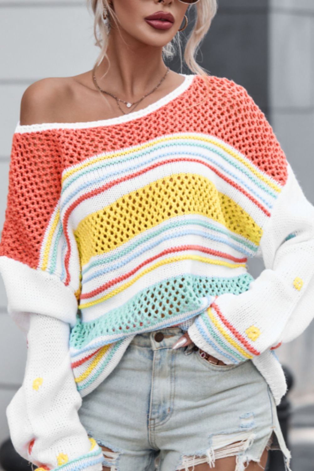 Hollow Striped Color Block Round Neck Sweater - Pahabu - Women's Clothing & Shop
