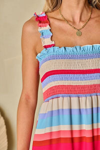 Striped Frill Smocked Tiered Midi Dress - Pahabu - Women's Clothing & Shop