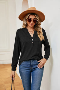 Buttoned Notched Neck Long Sleeve Top - Pahabu - Women's Clothing & Shop