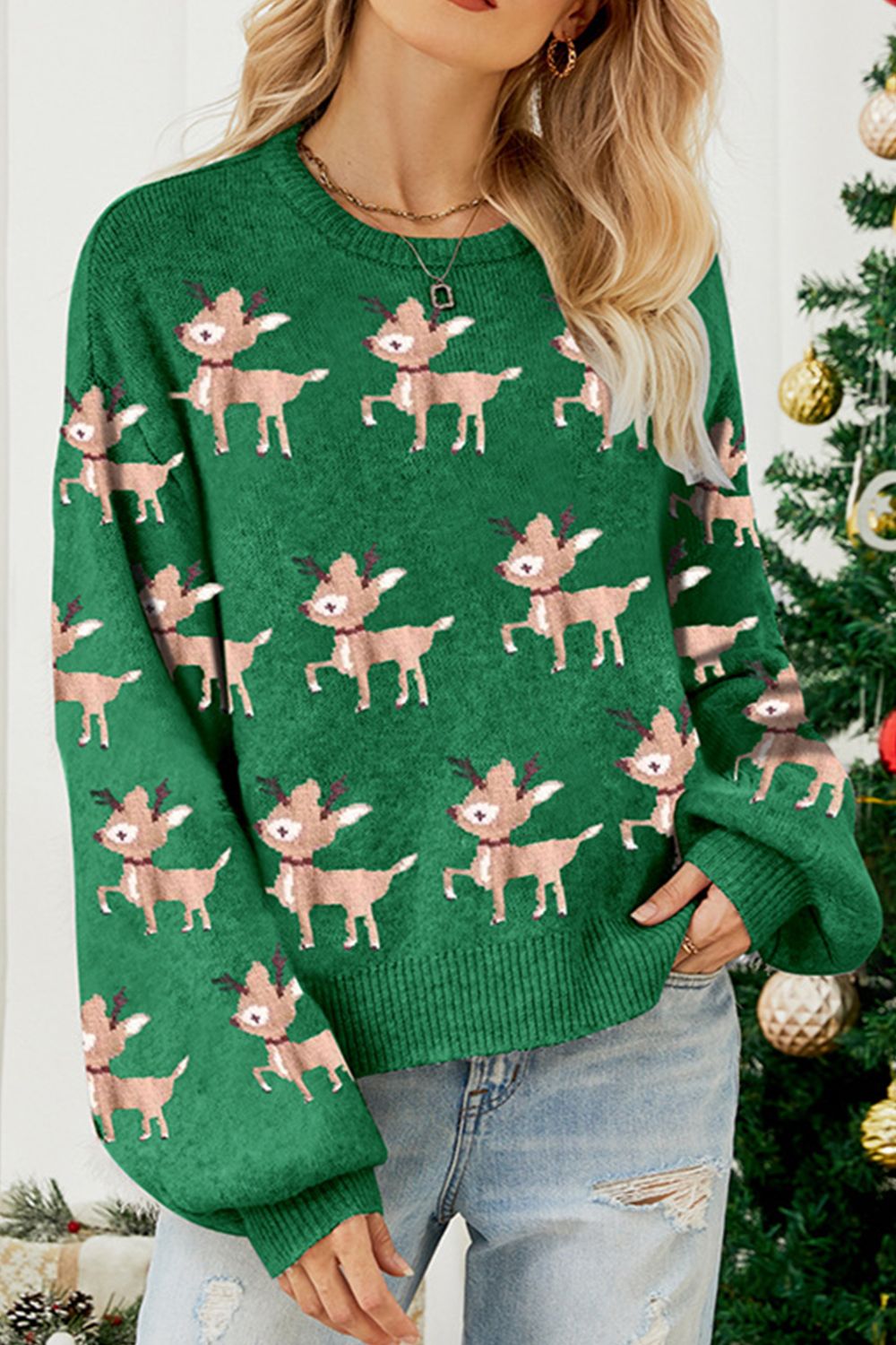 Reindeer Round Neck Drop Shoulder Sweater - Pahabu - Women's Clothing & Shop