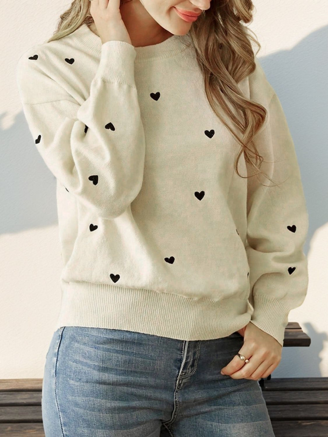 Perfee Heart Round Neck Long Sleeve Knit Top - Pahabu - Women's Clothing & Shop