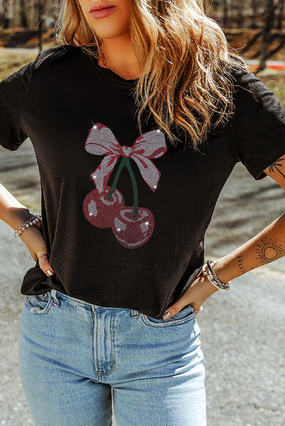Cherry Graphic Round Neck Short Sleeve T-Shirt - Pahabu - Women's Clothing & Shop