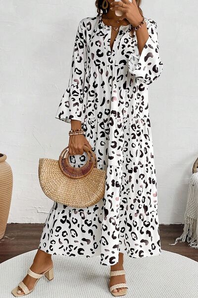 Leopard Notched Long Sleeve Dress - Pahabu - Women's Clothing & Shop