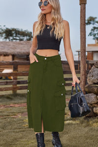 Slit Front Midi Denim Skirt with Pockets - Pahabu - Women's Clothing & Shop