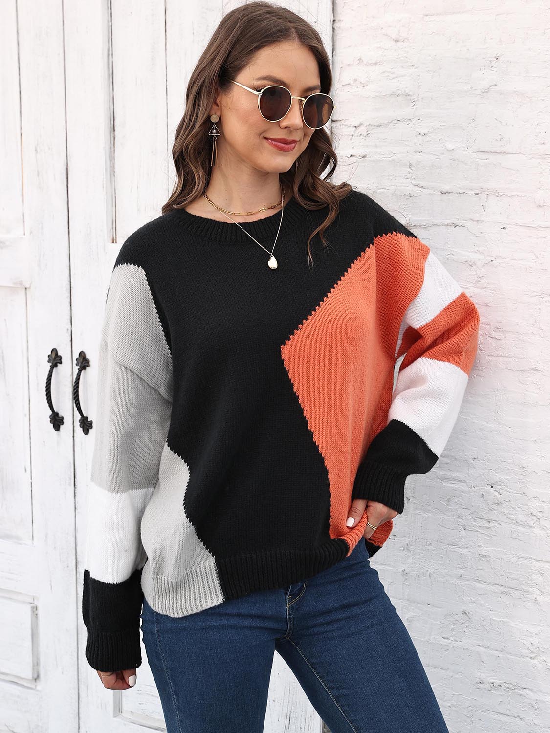 Color Block Round Neck Sweater - Pahabu - Women's Clothing & Shop