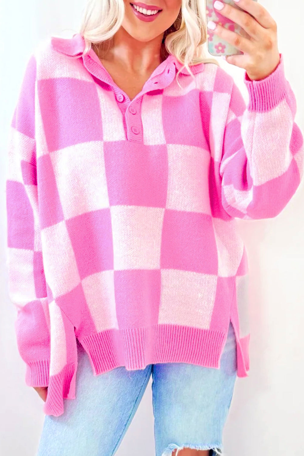 Slit Checkered Half Button Long Sleeve Sweater - Pahabu - Women's Clothing & Shop