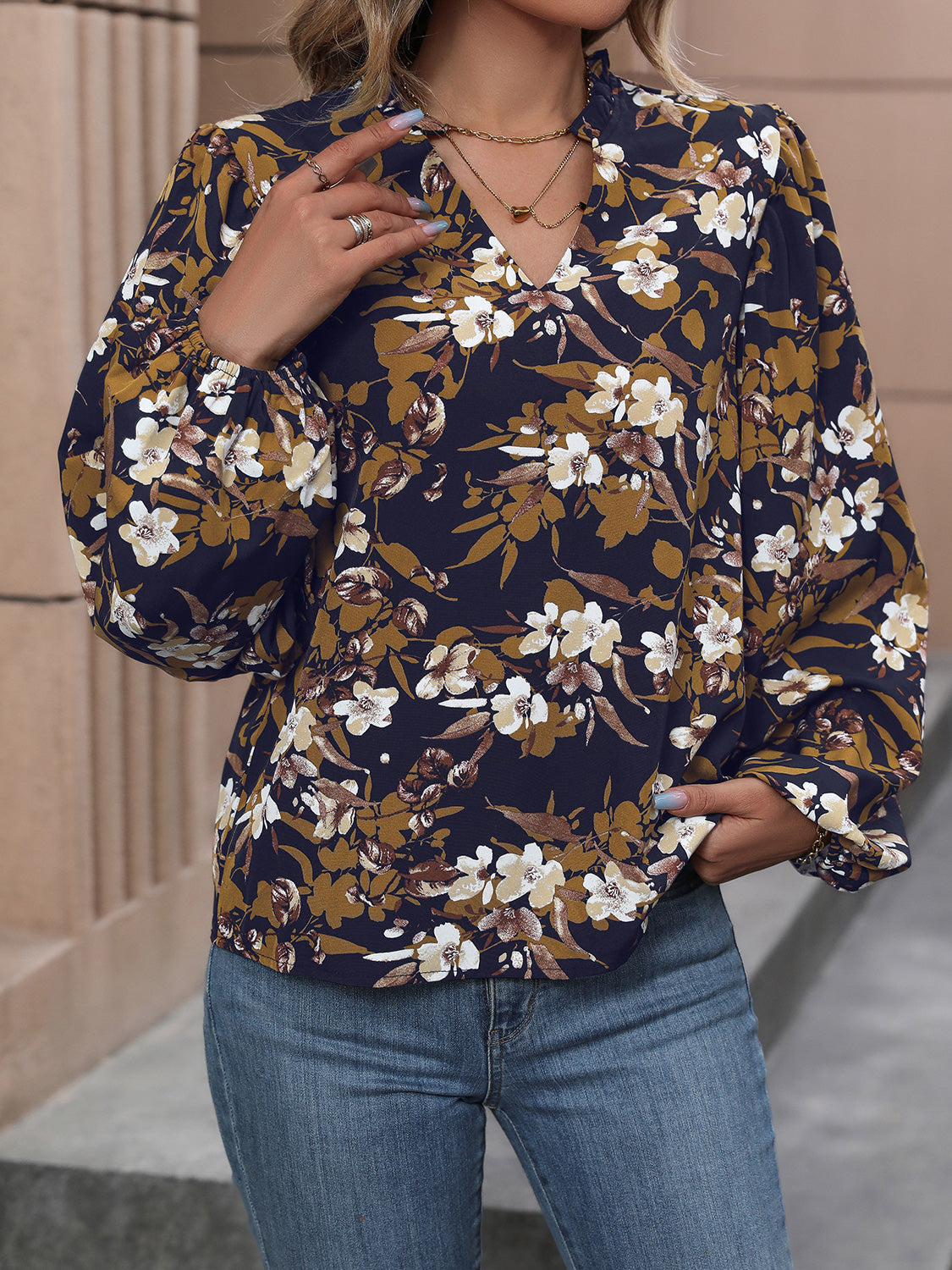 Perfee Floral Notched Balloon Sleeve Blouse - Pahabu - Women's Clothing & Shop