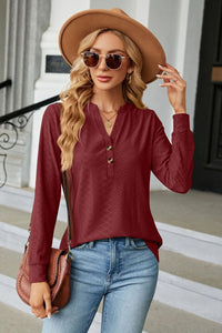 Notched Neck Long Sleeve Buttoned Blouse - Pahabu - Women's Clothing & Shop