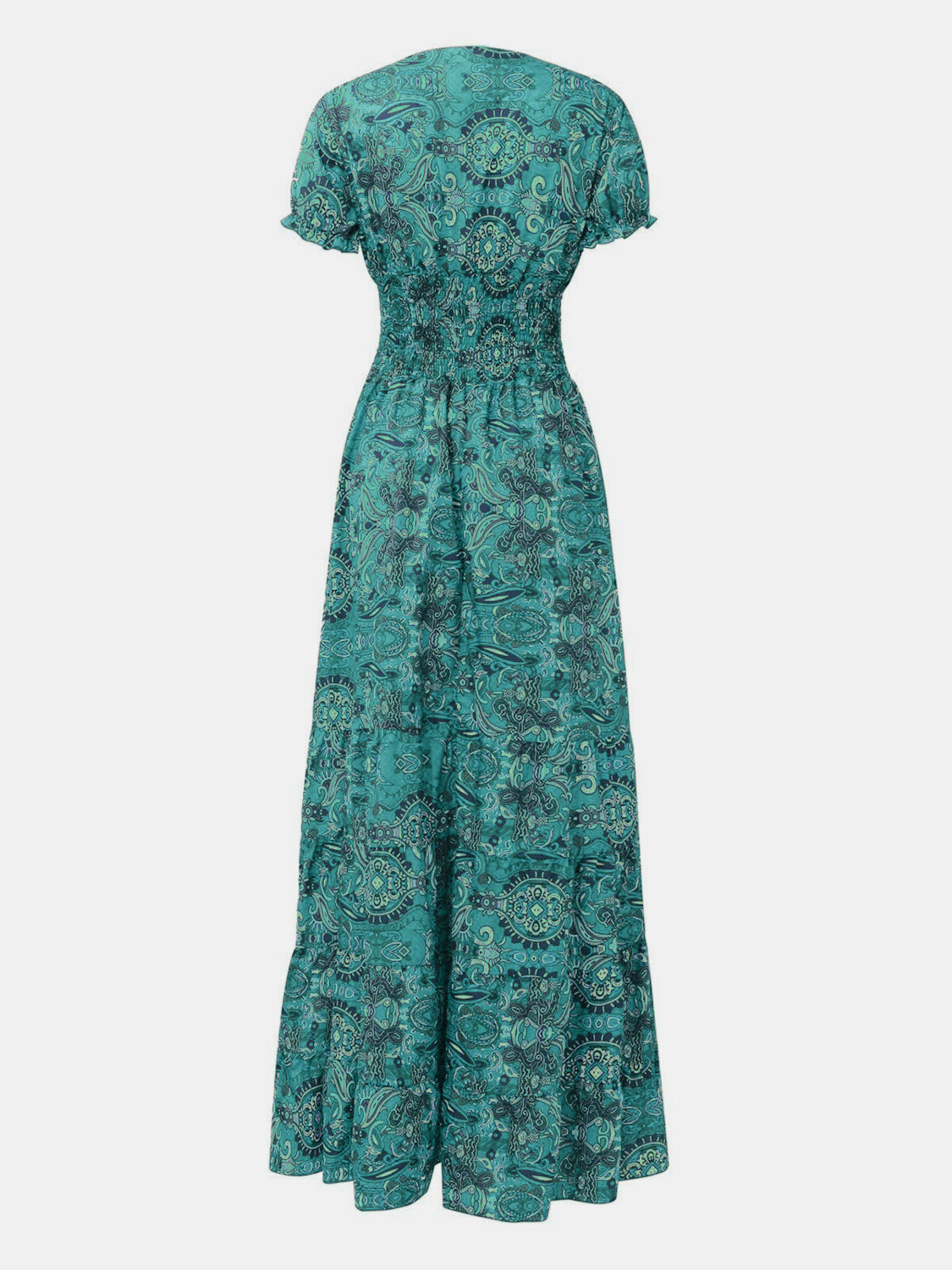 Full Size Smocked Printed V-Neck Short Sleeve Dress - Pahabu - Women's Clothing & Shop