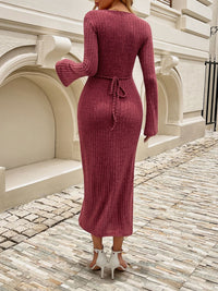 Devine Tied V-Neck Long Sleeve Sweater Dress - Pahabu - Women's Clothing & Shop