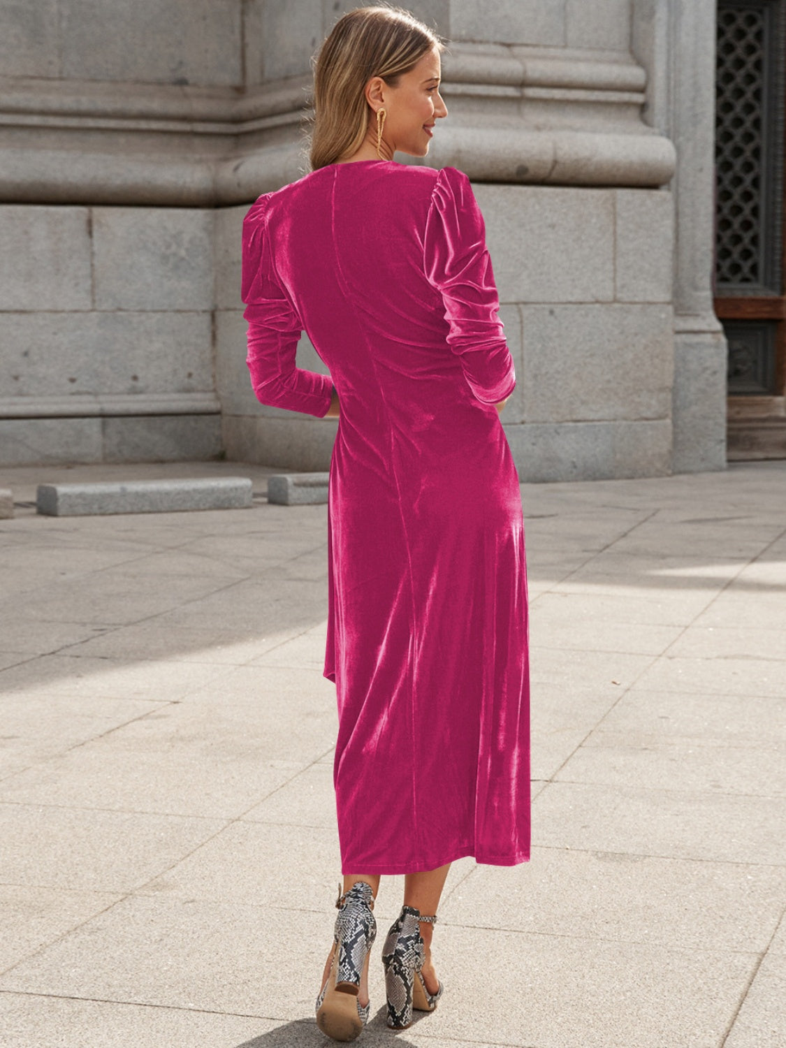 Surplice Puff Sleeve Midi Dress - Pahabu - Women's Clothing & Shop