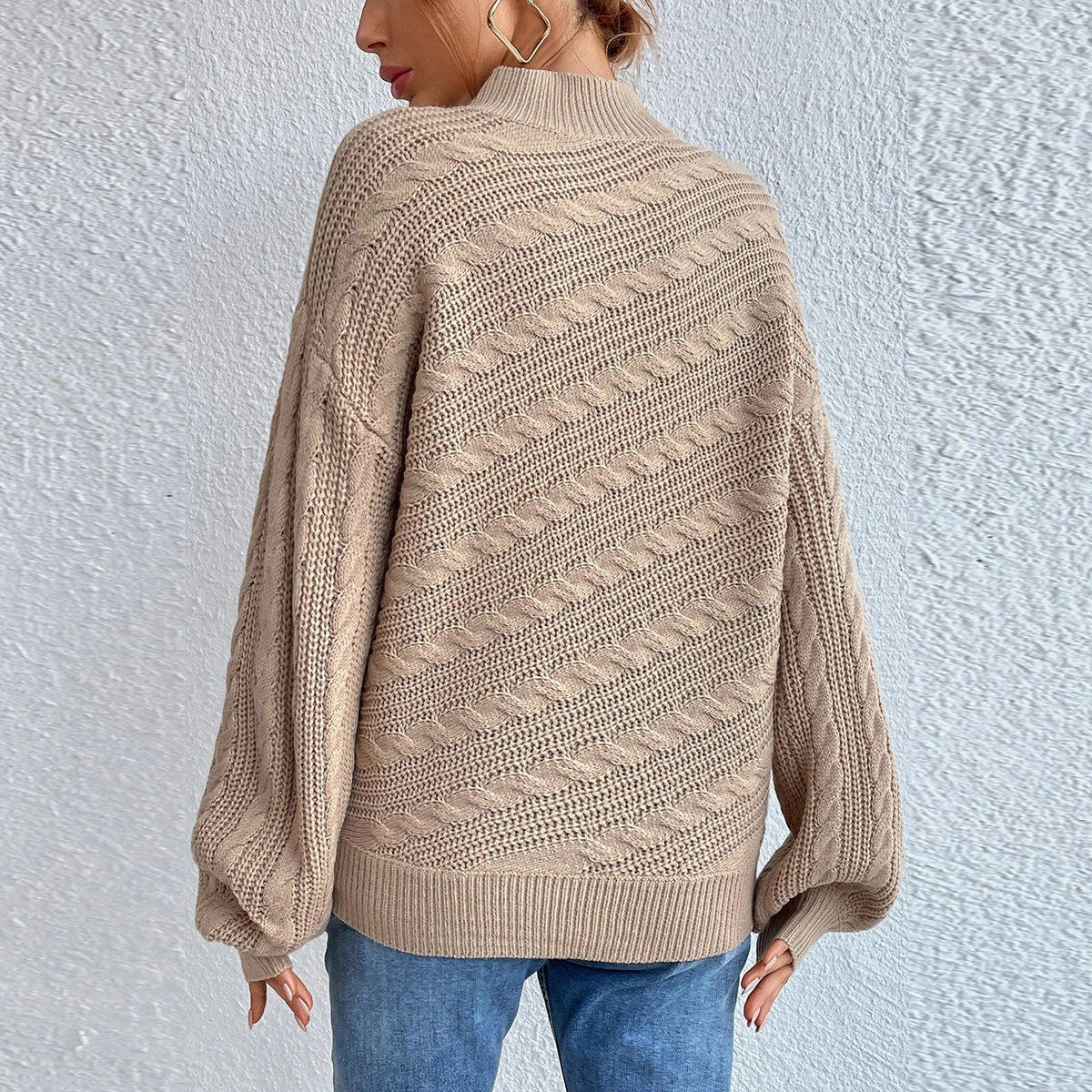 Cable-Knit Mock Neck Long Sleeve Sweater - Pahabu - Women's Clothing & Shop